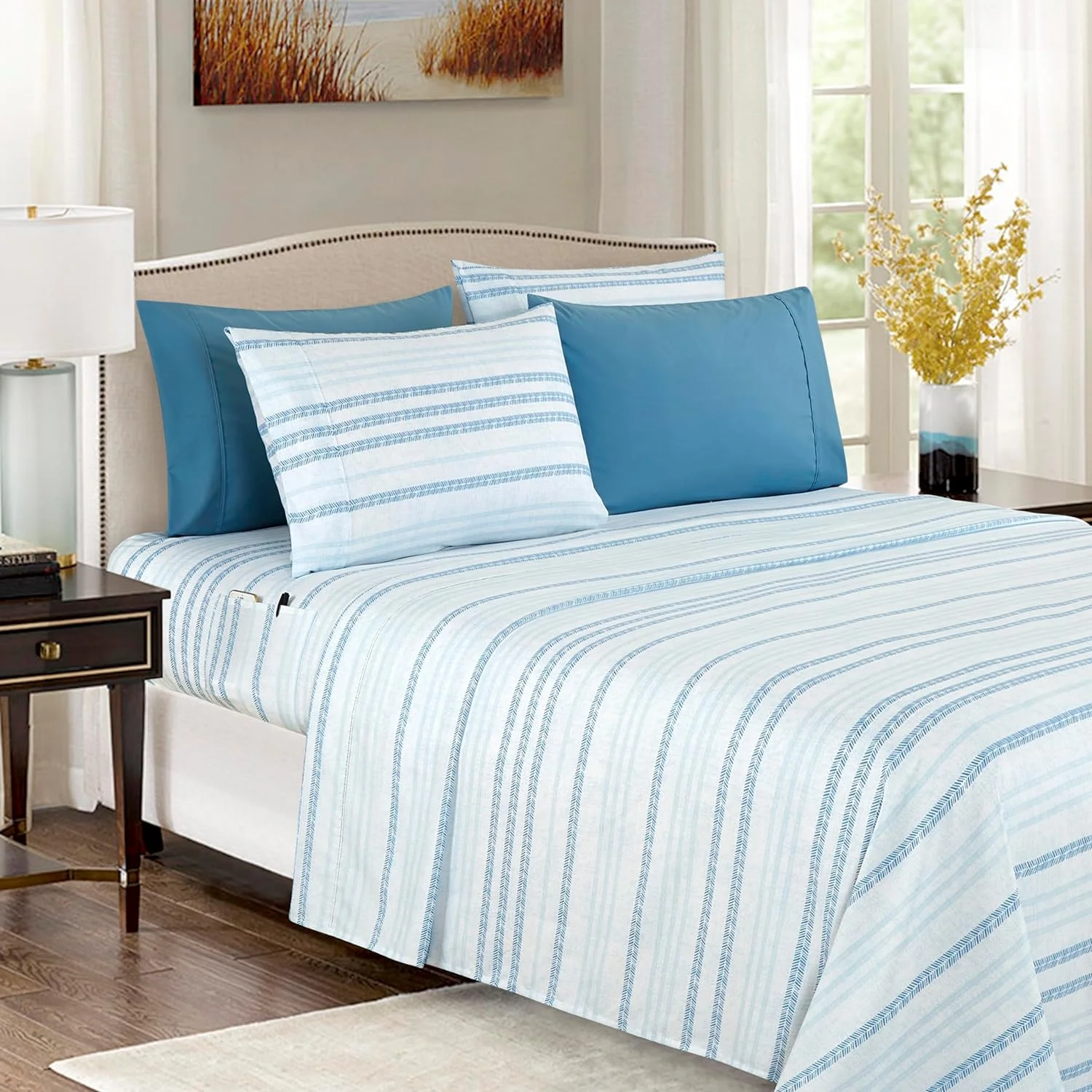 Ensemble de Draps 6 Pièces Elegant Comfort - Modèle Traci Aqua, Microfibre Ultra-Douce, Poches Profondes, Taille King
