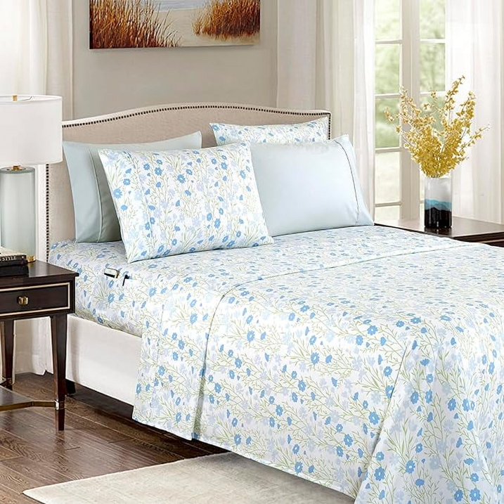 Ensemble de Draps 6 Pièces Elegant Comfort - Série 1500, Motifs Floraux Laurel Blue, Microfibre Ultra-Douce, Taille Queen