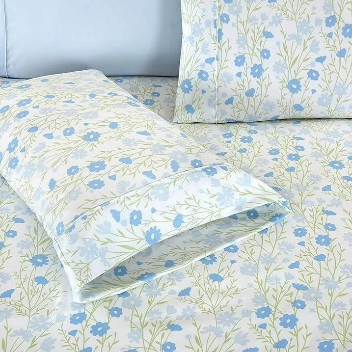 Ensemble de Draps 6 Pièces Elegant Comfort - Série 1500, Motifs Floraux Laurel Blue, Microfibre Ultra-Douce, Taille Queen – Image 3