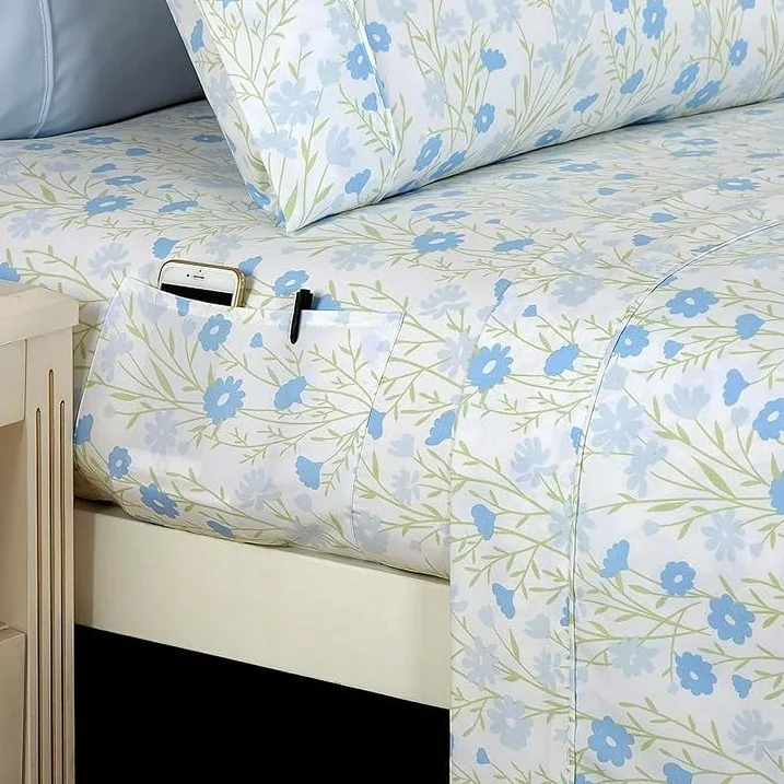 Ensemble de Draps 6 Pièces Elegant Comfort - Série 1500, Motifs Floraux Laurel Blue, Microfibre Ultra-Douce, Taille Queen – Image 4