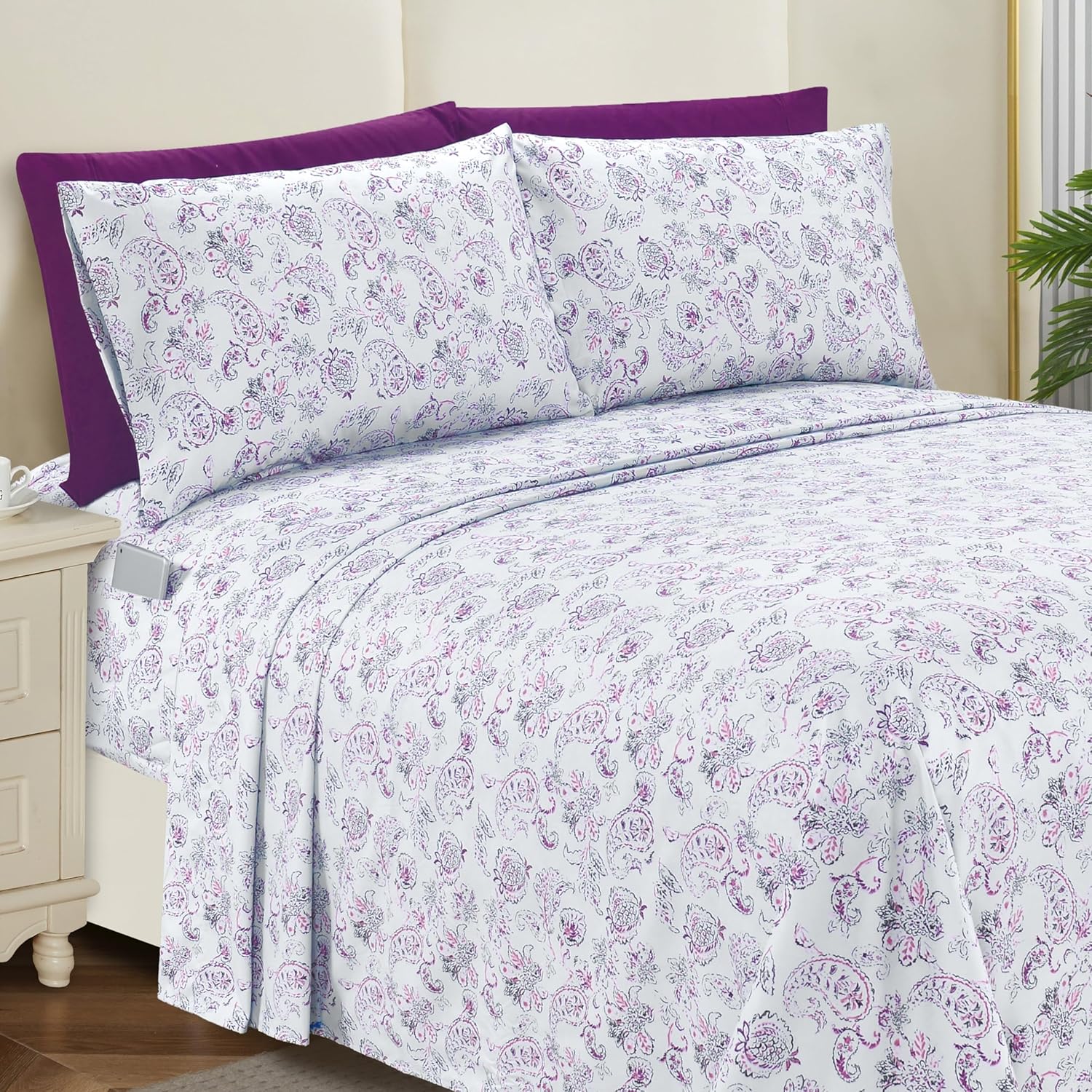 Ensemble de Draps 6 Pièces Elegant Comfort - Série 1500, Motif Paisley Purple, Microfibre ultra-douce, Taille King