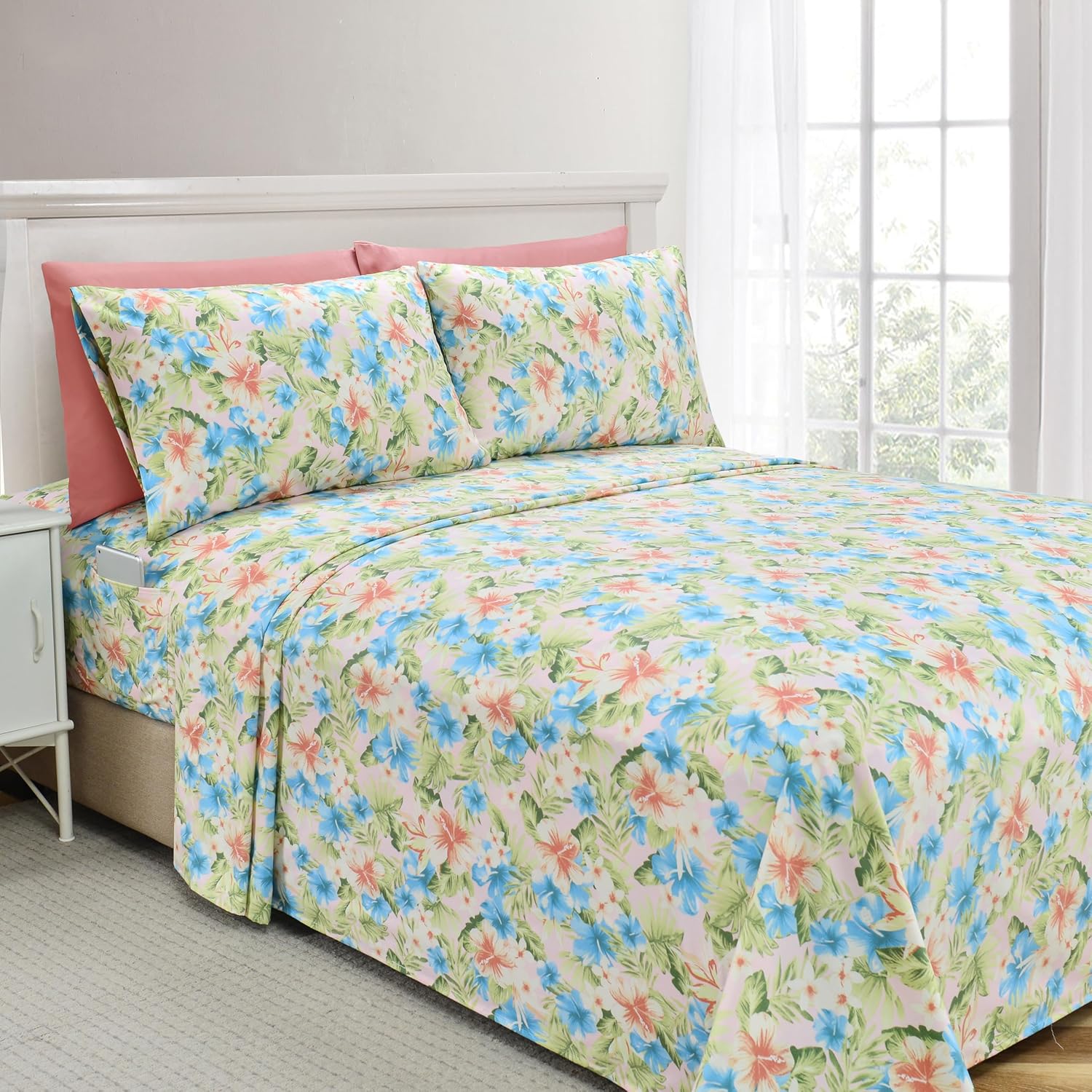 Ensemble de Draps Elegant Comfort, 6 Pièces, Ultra Doux et Confortable, Série 1500, Motif Floral Magnolia, Taille California King