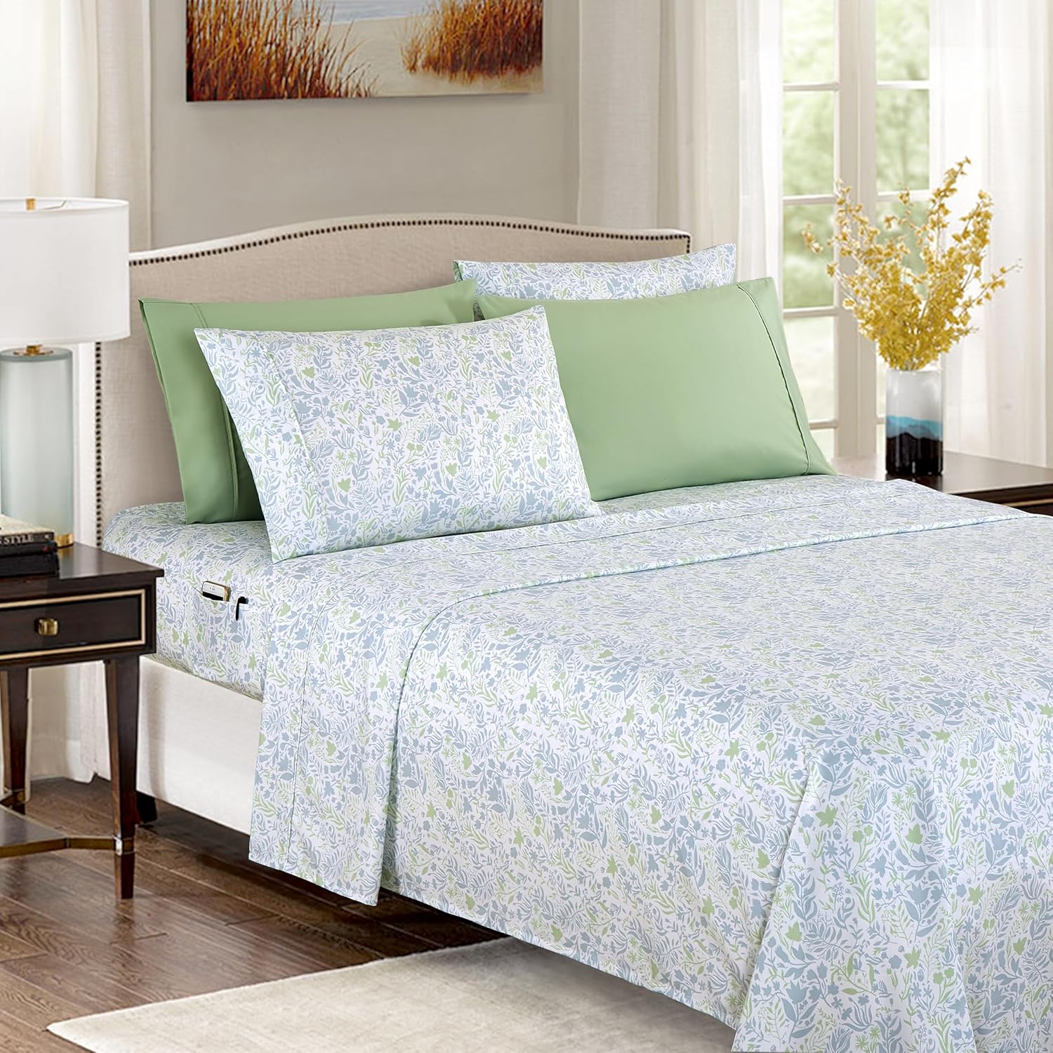 Ensemble de Draps 6 Pièces Elegant Comfort - Série 1500, Motif Floral Anita Green, Microfibre Ultra-Douce, Taille King
