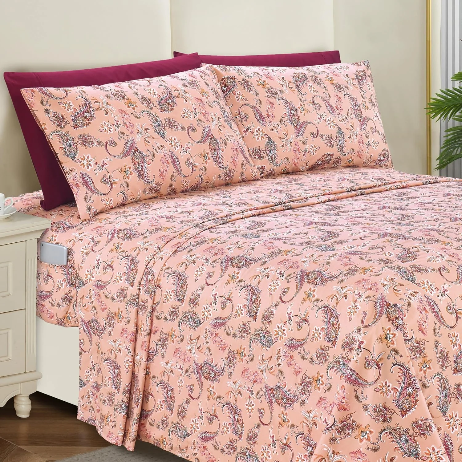 Ensemble de Draps 6 Pièces Elegant Comfort - Damassé à Rayures, Microfibre de Qualité Hôtelière, Couleur Aubergine, Taille King