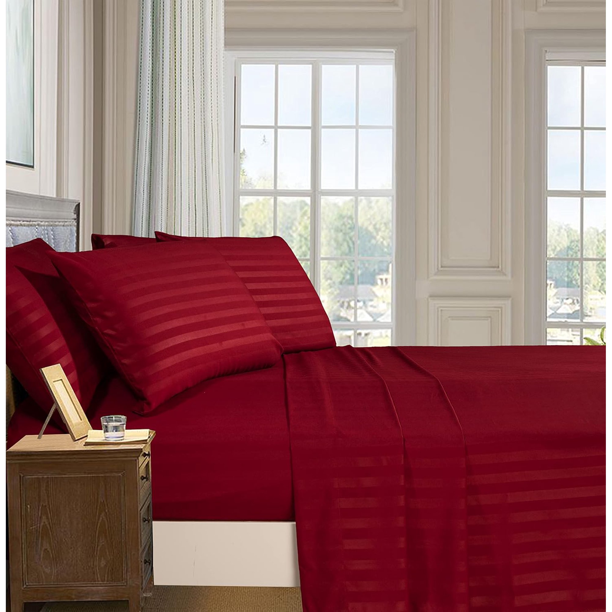 Ensemble de Draps 6 Pièces Elegant Comfort - Damassé à Rayures, Microfibre de Qualité Hôtelière, Couleur Aubergine, Taille King – Image 3