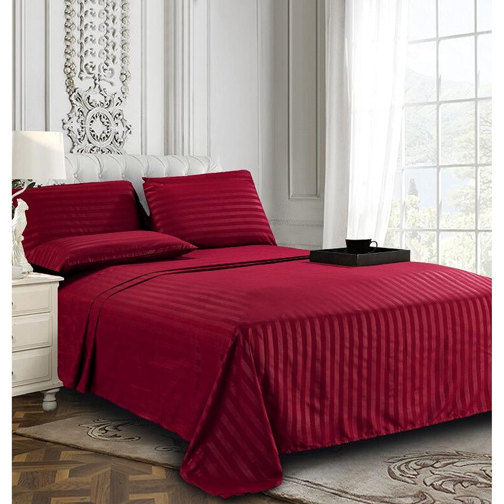 Ensemble de Draps 6 Pièces Elegant Comfort - Damassé à Rayures, Microfibre de Qualité Hôtelière, Couleur Aubergine, Taille King