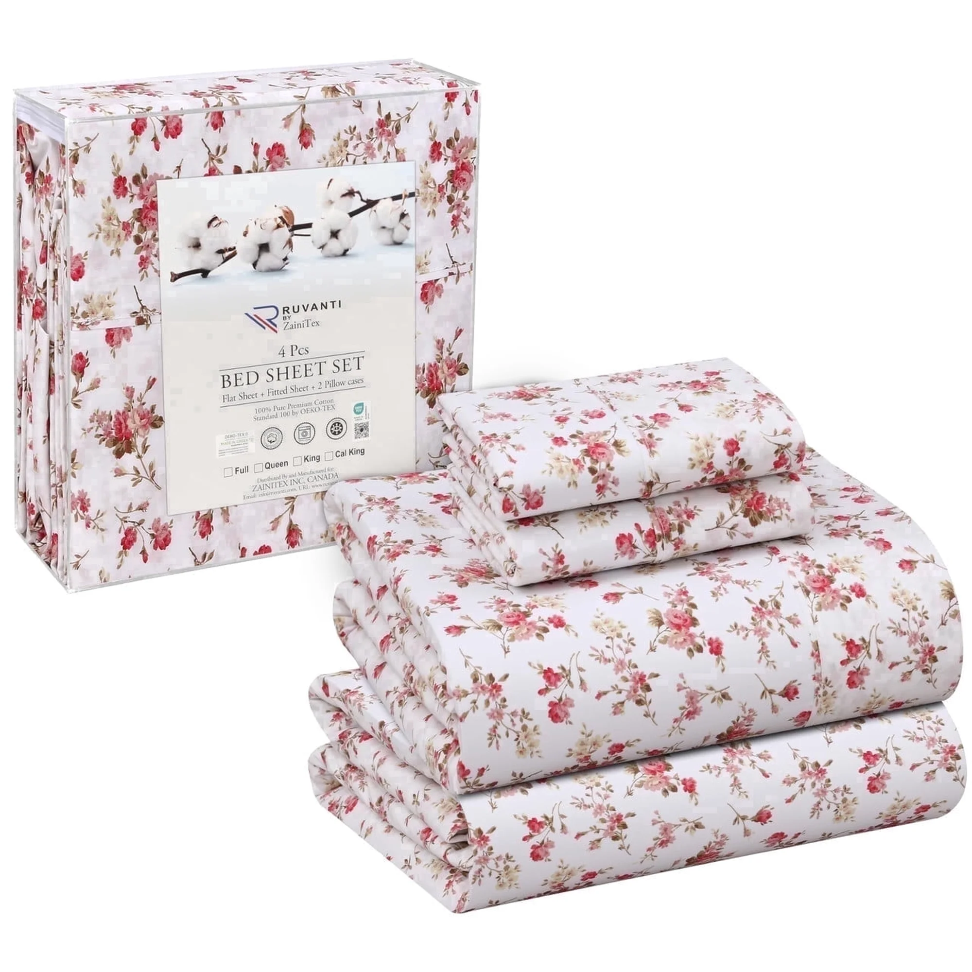 Ensemble de Draps 4 Pièces Ruvanti – 100% Coton Percale, Motif Floral Bouquet, Frais, Respirant et Durable, Taille King – Image 2