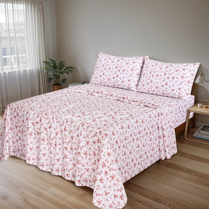 Ensemble de Draps 4 Pièces Ruvanti – 100% Coton Percale, Motif Floral Bouquet, Frais, Respirant et Durable, Taille King