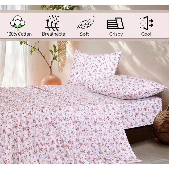 Ensemble de Draps 4 Pièces Ruvanti – 100% Coton Percale, Motif Floral Bouquet, Frais, Respirant et Durable, Taille King – Image 5