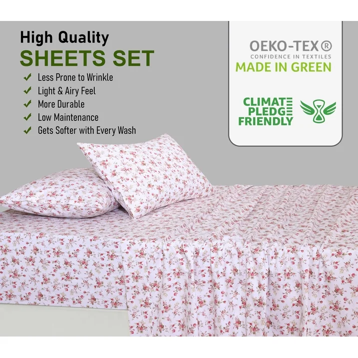 Ensemble de Draps 4 Pièces Ruvanti – 100% Coton Percale, Motif Floral Bouquet, Frais, Respirant et Durable, Taille King – Image 4