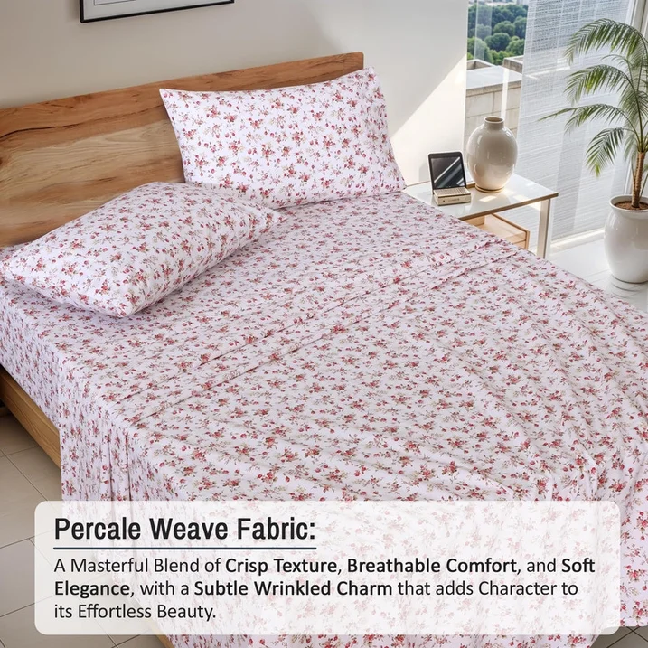 Ensemble de Draps 4 Pièces Ruvanti – 100% Coton Percale, Motif Floral Bouquet, Frais, Respirant et Durable, Taille King – Image 7