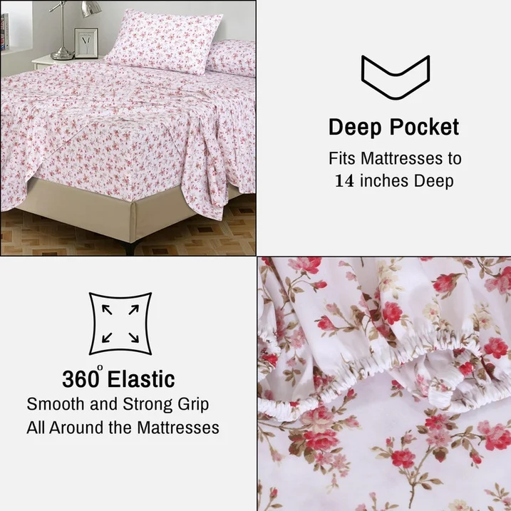 Ensemble de Draps 4 Pièces Ruvanti – 100% Coton Percale, Motif Floral Bouquet, Frais, Respirant et Durable, Taille King – Image 6