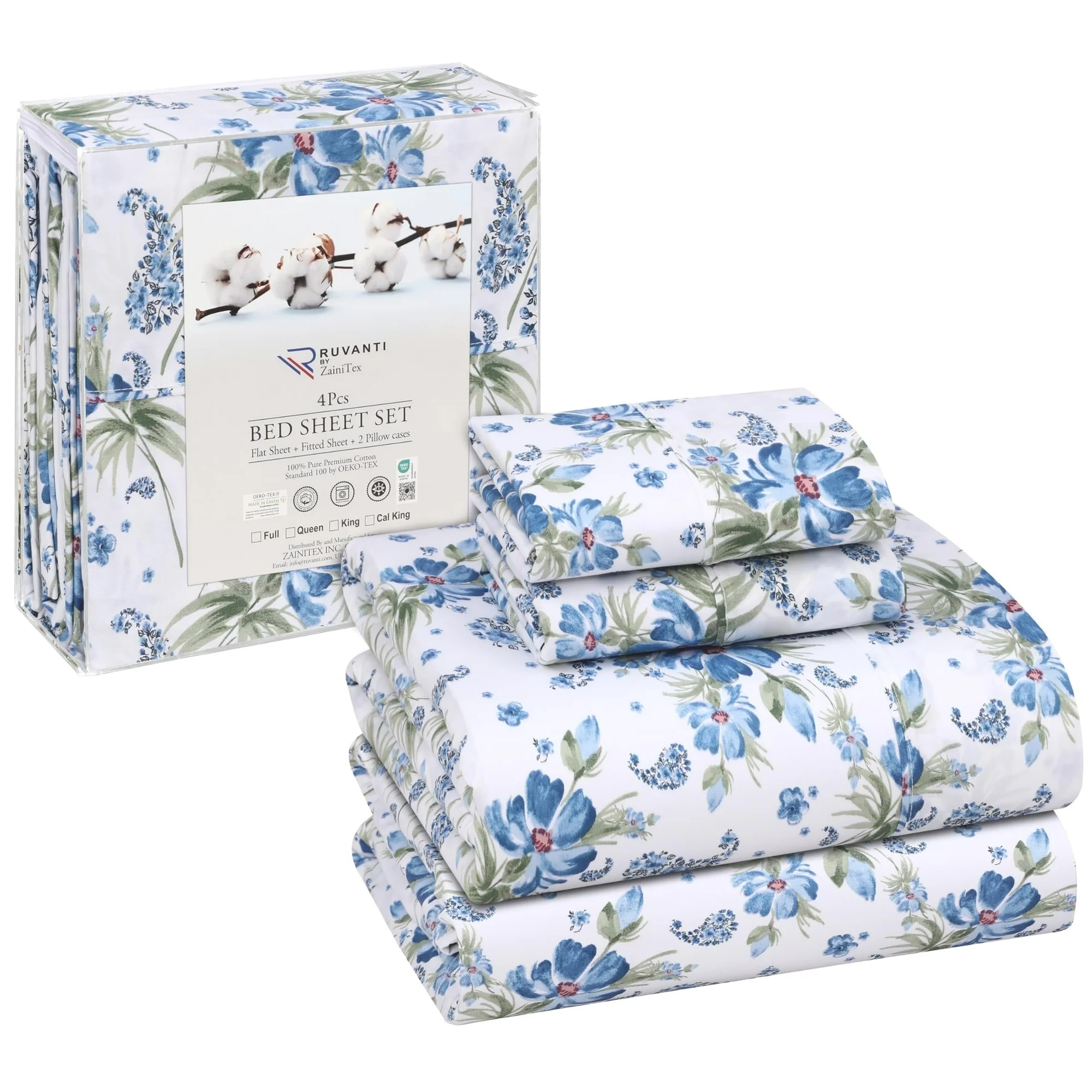 Ensemble de Draps 4 Pièces Ruvanti - 100% Coton Percale, Motif Floral Paislyona, Frais, Respirant et Durable, Taille King – Image 2