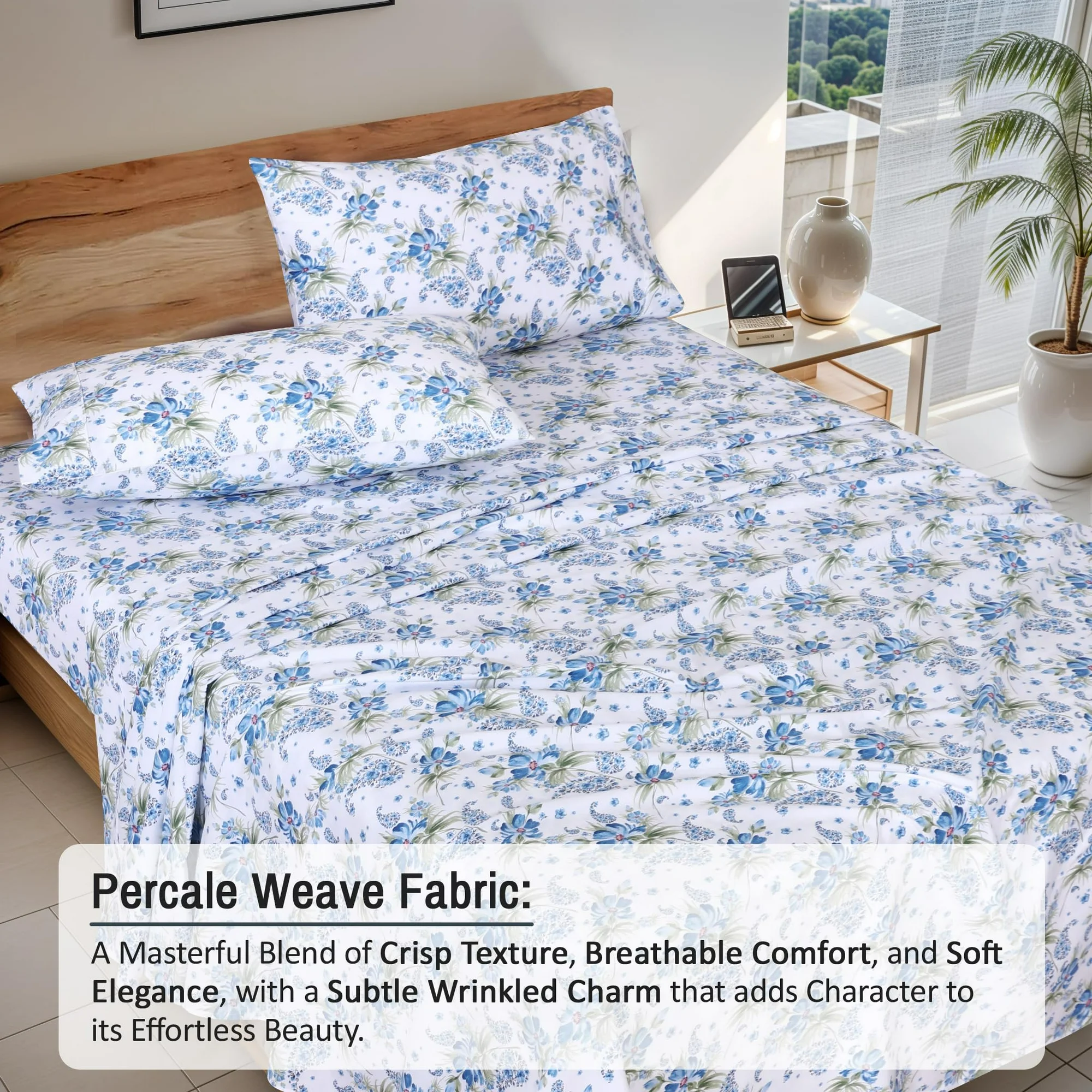 Ensemble de Draps 4 Pièces Ruvanti - 100% Coton Percale, Motif Floral Paislyona, Frais, Respirant et Durable, Taille King – Image 3