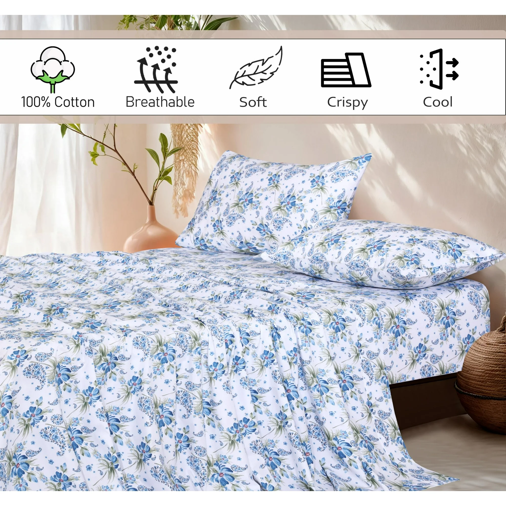 Ensemble de Draps 4 Pièces Ruvanti - 100% Coton Percale, Motif Floral Paislyona, Frais, Respirant et Durable, Taille King – Image 4