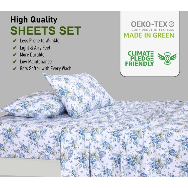 Ensemble de Draps 4 Pièces Ruvanti - 100% Coton Percale, Motif Floral Paislyona, Frais, Respirant et Durable, Taille King – Image 5