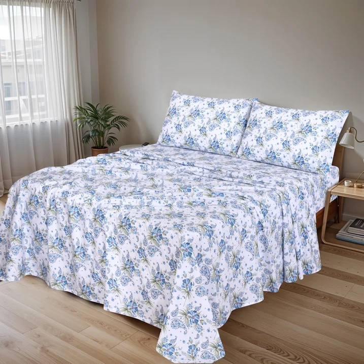 Ensemble de Draps 4 Pièces Ruvanti - 100% Coton Percale, Motif Floral Paislyona, Frais, Respirant et Durable, Taille King