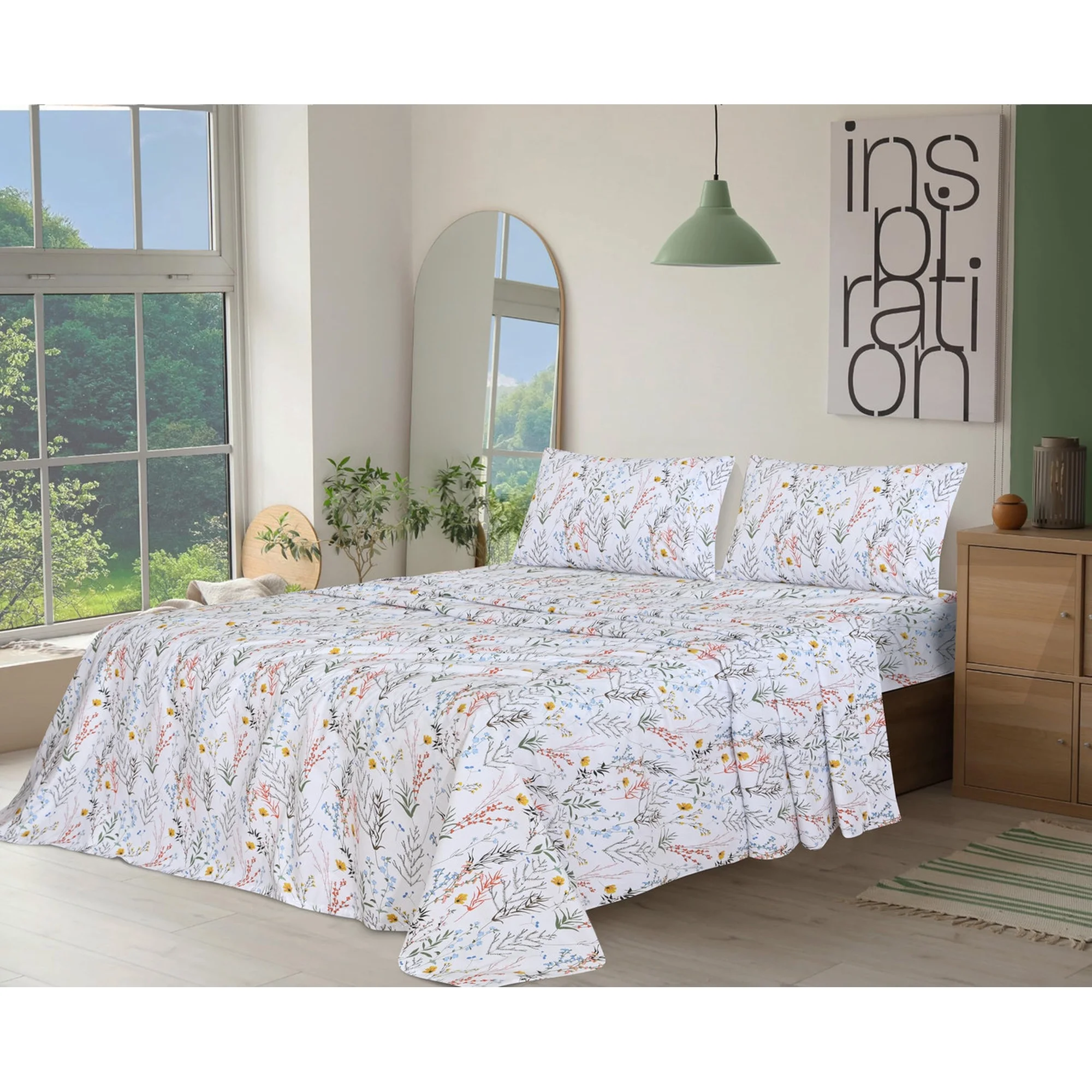 Ensemble de Draps 4 Pièces Ruvanti - 100% Coton Percale, Motif Floral Aroma, Frais, Respirant et Durable, Taille King