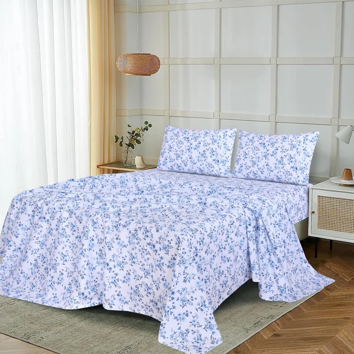 Ensemble de Draps 4 Pièces Ruvanti - 100% Coton Percale, Floral, Frais, Respirant et Durable, Taille King