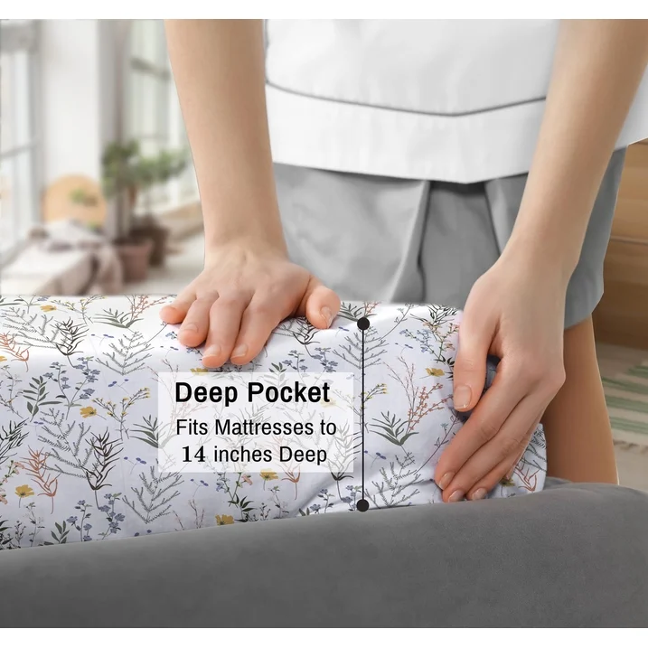 Ensemble de Draps 4 Pièces Ruvanti - 100% Coton Percale, Motif Floral Aroma, Frais, Respirant et Durable, Taille King – Image 5
