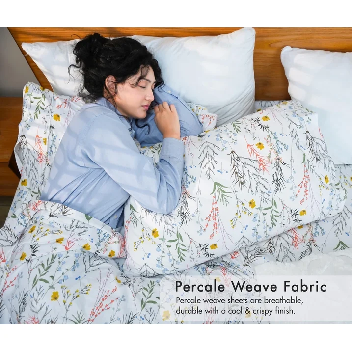 Ensemble de Draps 4 Pièces Ruvanti - 100% Coton Percale, Motif Floral Aroma, Frais, Respirant et Durable, Taille King – Image 3