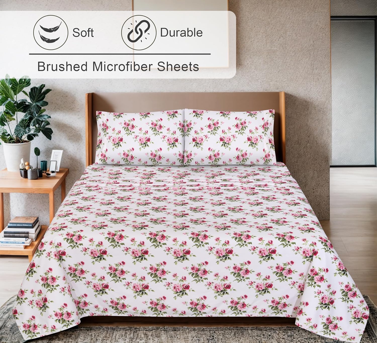 Ensemble de Draps 4 Pièces ZOYER - Motif Rosa Vegetation, Microfibre Brossée Ultra-Douce, Frais et Confortable, Taille King – Image 2