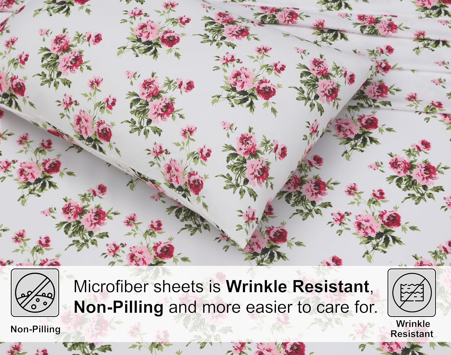 Ensemble de Draps 4 Pièces ZOYER - Motif Rosa Vegetation, Microfibre Brossée Ultra-Douce, Frais et Confortable, Taille King – Image 4
