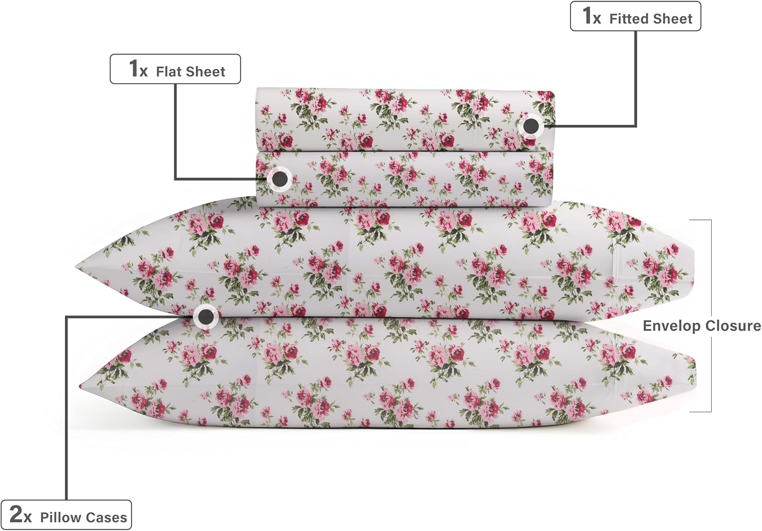 Ensemble de Draps 4 Pièces ZOYER - Motif Rosa Vegetation, Microfibre Brossée Ultra-Douce, Frais et Confortable, Taille King – Image 3