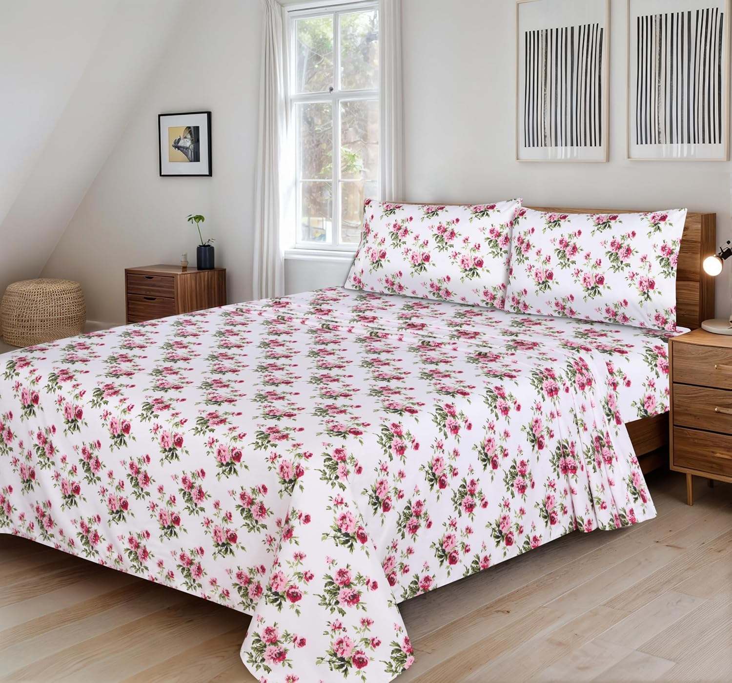 Ensemble de Draps 4 Pièces ZOYER - Motif Rosa Vegetation, Microfibre Brossée Ultra-Douce, Frais et Confortable, Taille King