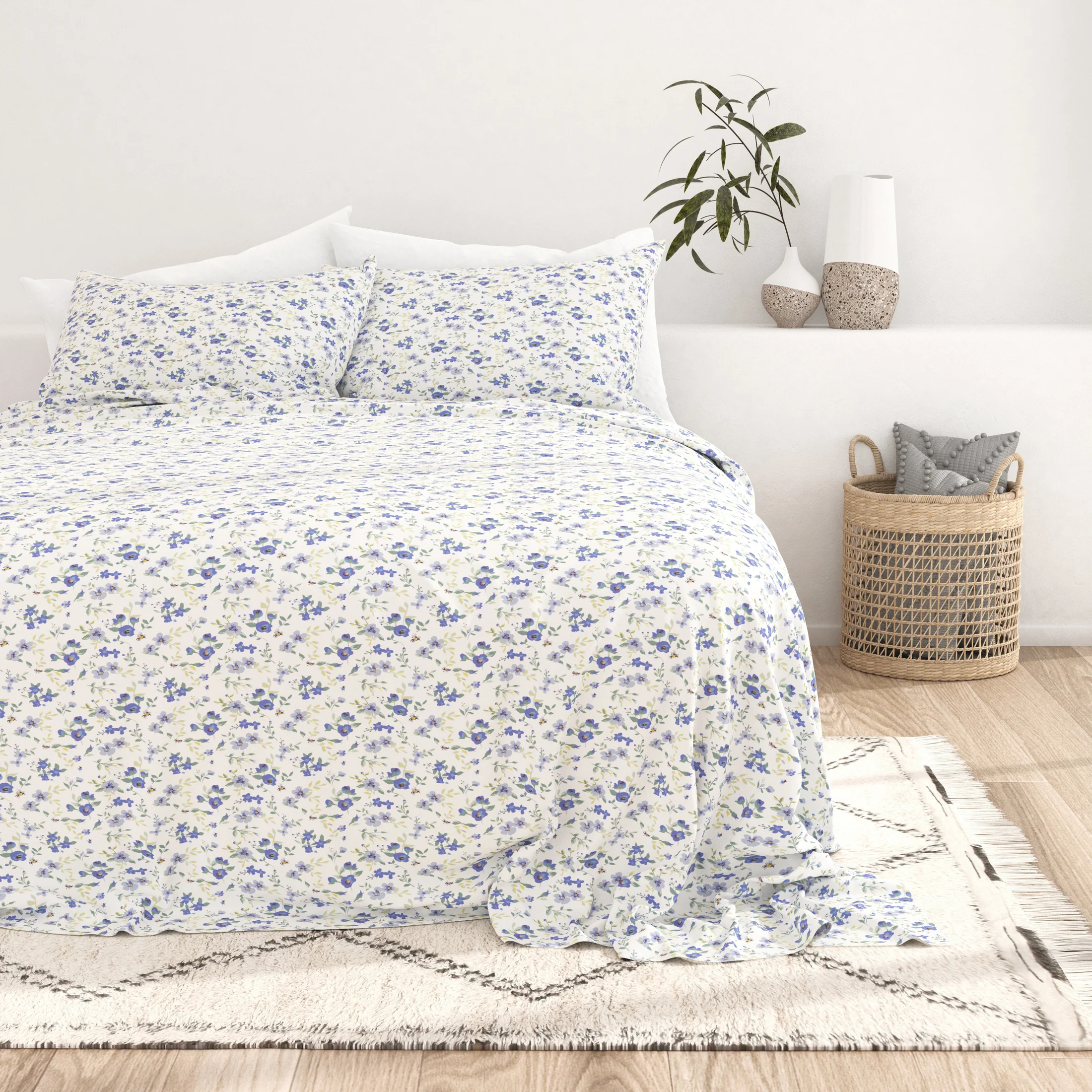 Ensemble de draps 4 pièces IEnjoy Home - Motifs Floraux Bleu Clair, Douceur Microfibre, Résistant et Confortable, Taille Full