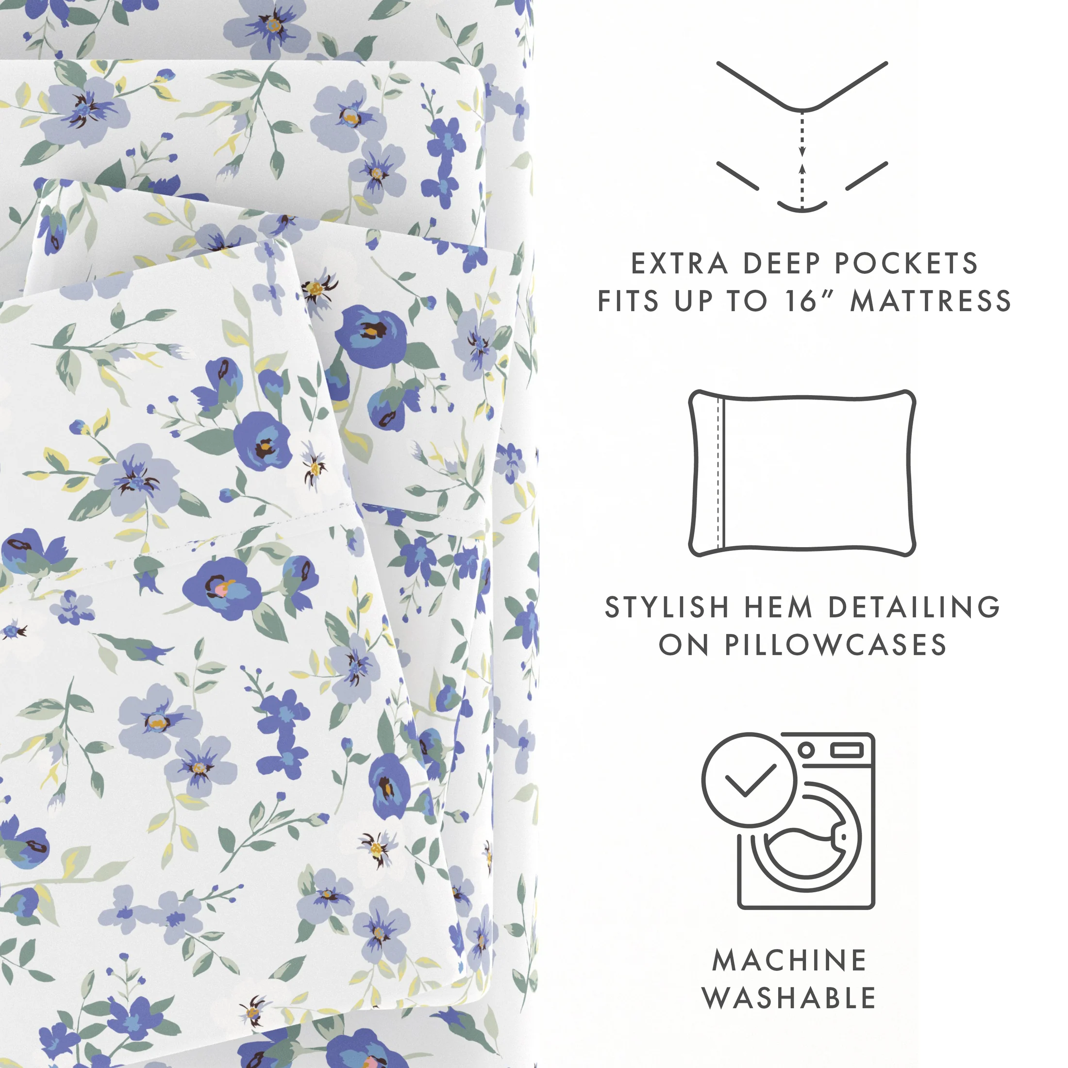 Ensemble de draps 4 pièces IEnjoy Home - Motifs Floraux Bleu Clair, Douceur Microfibre, Résistant et Confortable, Taille Full – Image 5