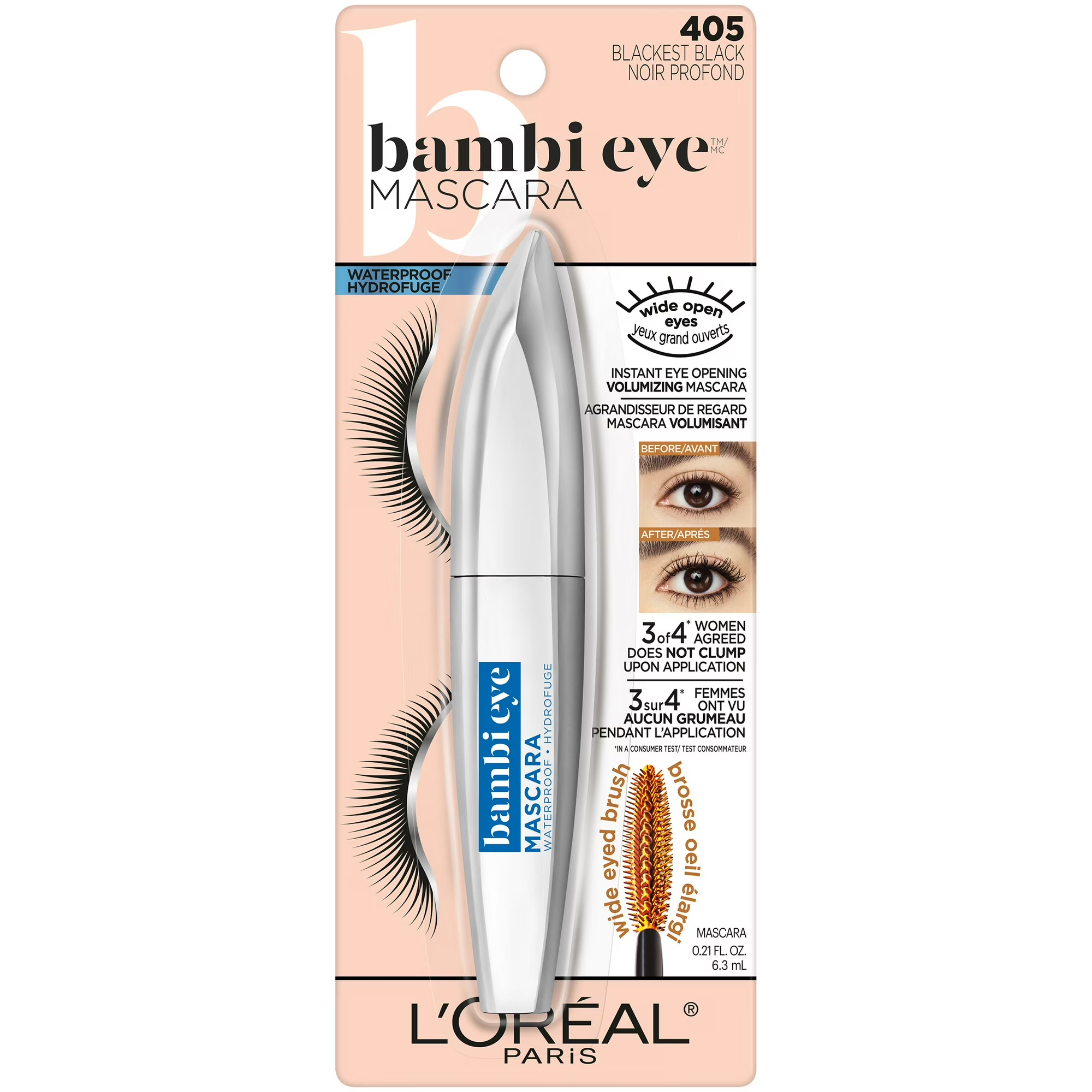 Mascara Waterproof L'Oréal Paris - Bambi Eye, Teinte Blackest Black, Volume Cils de Biche et Longue Tenue, 6,2 ml